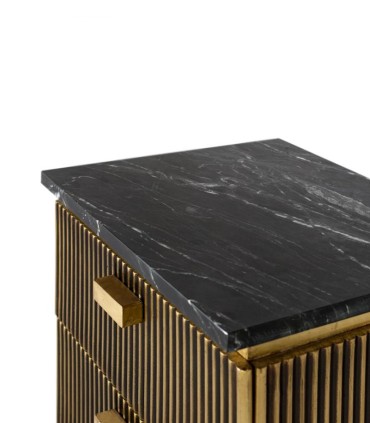 Mesita de Noche de Madera de Mango y Mármol Negro con 2 Cajones Macondo