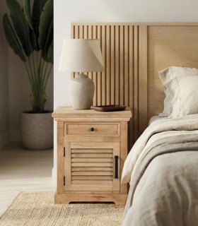 Mesita de Noche de Madera Maciza de Mango Natural con 1 Puerta y Cajón Barichara