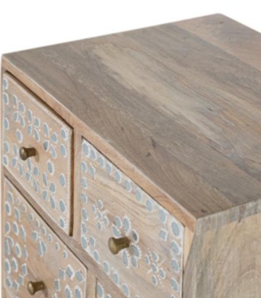 Mesita de Noche de Madera de Mango con 5 Cajones Decorados a Mano Estilo Boho Étnico Leyva