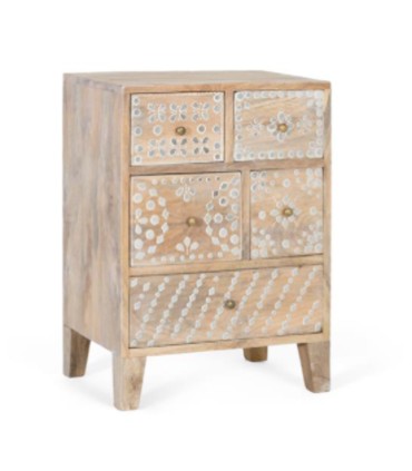 Mesita de Noche de Madera de Mango con 5 Cajones Decorados a Mano Estilo Boho Étnico Leyva