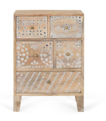 Mesita de Noche de Madera de Mango con 5 Cajones Decorados a Mano Estilo Boho Étnico Leyva