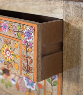 Mesita de Noche de Madera de Mango con 4 Cajones y Flores Pintadas a Mano Tayrona