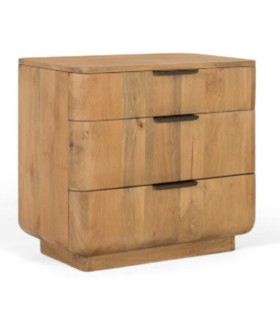 Mesita de Noche de Madera de Mango Natural con 3 Cajones Lunaris I, lado