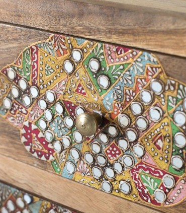 Mesilla de Noche Étnica de Madera Maciza de Mango Akari, detalle cajon