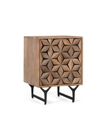 Mesita de Noche Geométrica de Madera de Mango con Relieve Yaxkin, lado