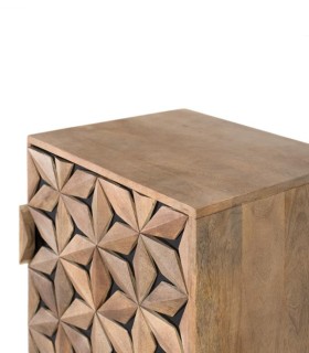 Mesita de Noche Geométrica de Madera de Mango con Relieve Yaxkin, perfil
