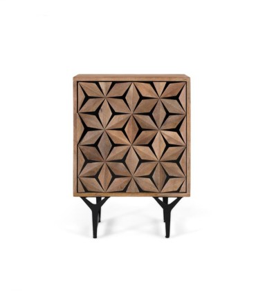 Mesita de Noche Geométrica de Madera de Mango con Relieve Yaxkin, frente