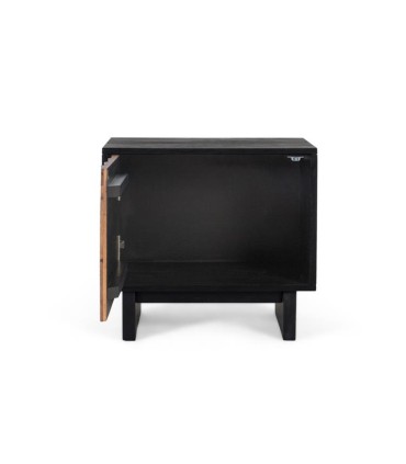 Mesita de noche de madera de mango maciza con 1 puerta Volkov, puerta abierta
