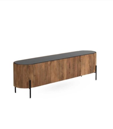 Mueble TV Elíptico de Madera Maciza de Mango con Encimera Negra Redoli