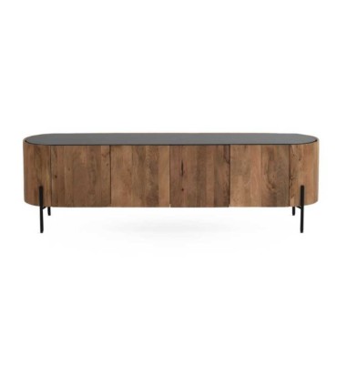 Mueble TV Elíptico de Madera Maciza de Mango con Encimera Negra Redoli