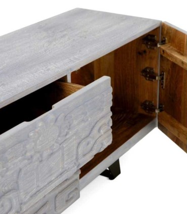Mueble TV de Madera Maciza de Mango Tallado Gris Siena
