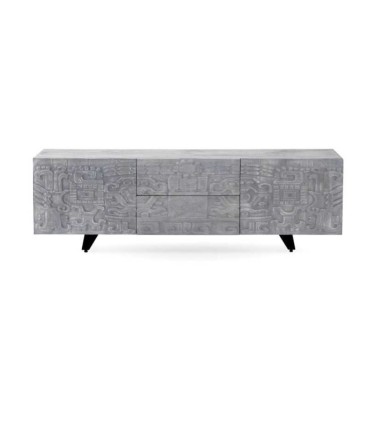 Mueble TV de Madera Maciza de Mango Tallado Gris Siena