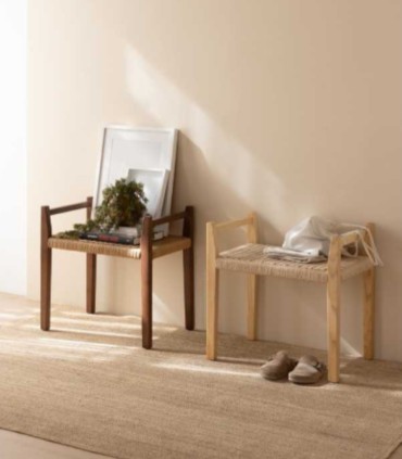 Banqueta de Madera de Fresno con Asiento Trenzado de Cuerda Natural Nuadan