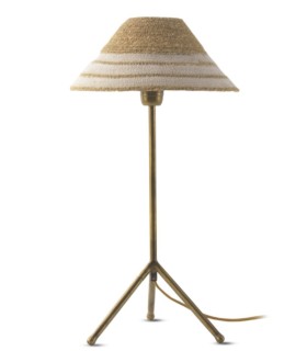 Lámpara de Mesa Trípode Metal Oro Viejo con Tulipa de Fibra Natural Trenzada Leila