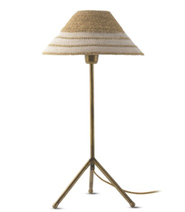 Lámpara de Mesa Trípode Metal Oro Viejo con Tulipa de Fibra Natural Trenzada Leila