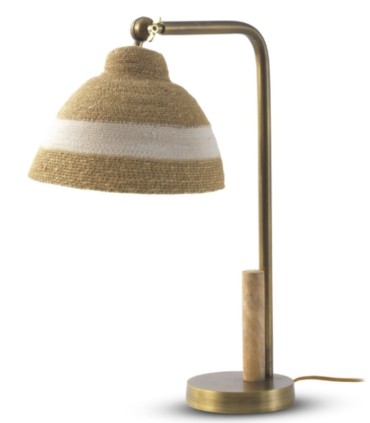 Lámpara De Sobremesa De Fibra Natural Trenzada Con Franja Blanca Y Metal Oro Viejo Arven I