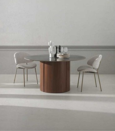 Mesa Redonda En Cerámica Efecto Mármol Negro Brillo y Base Cilíndrica En Roble Asgard de Ambar Muebles