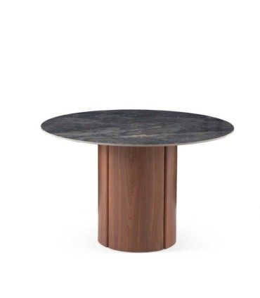 Mesa Redonda En Cerámica Efecto Mármol Negro Brillo y Base Cilíndrica En Roble Asgard, medida 120 cm