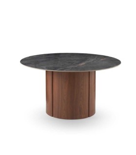 Mesa Redonda En Cerámica Efecto Mármol Negro Brillo y Base Cilíndrica En Roble Asgard, medida 140 cm