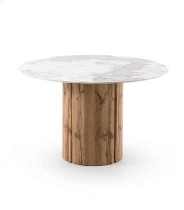 Mesa Redonda Cerámica Mármol Calacatta Brillo con Base Cilíndrica Roble Asgard I, medida 120 cm