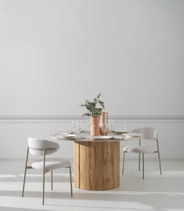 Mesa Redonda Cerámica Mármol Calacatta Brillo con Base Cilíndrica Roble Asgard I