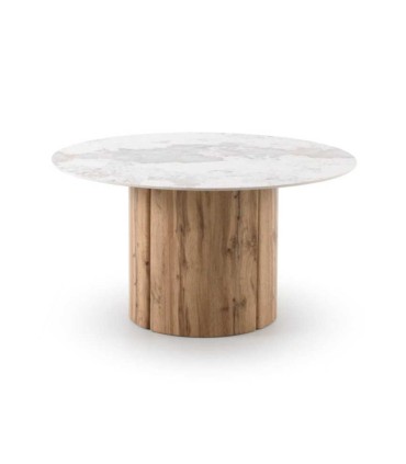 Mesa Redonda Cerámica Mármol Calacatta Brillo con Base Cilíndrica Roble Asgard I, medida 140 cm