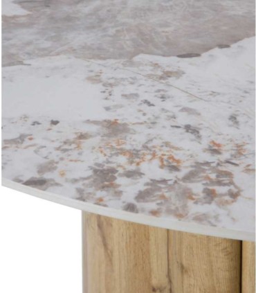 Mesa Redonda Cerámica Mármol Calacatta Brillo con Base Cilíndrica Roble Asgard I