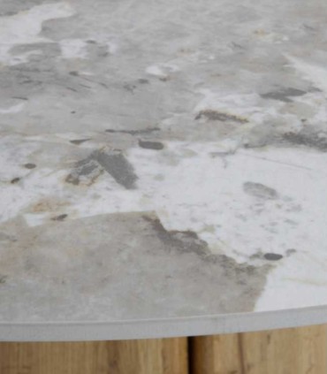 Mesa Redonda Cerámica Mármol Calacatta Brillo con Base Cilíndrica Roble Asgard I