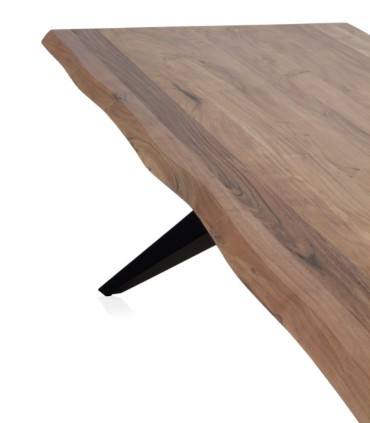 Mesa de Comedor de Madera Maciza de Acacia con Borde Vivo y Patas Metálicas Negras Manaslu