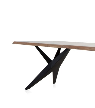 Mesa de Comedor de Madera Maciza de Acacia con Borde Vivo y Patas Metálicas Negras Manaslu
