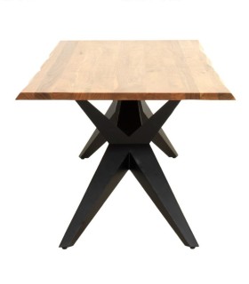Mesa de Comedor de Madera Maciza de Acacia con Borde Vivo y Patas Metálicas Negras Manaslu