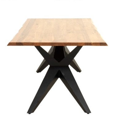 Mesa de Comedor de Madera Maciza de Acacia con Borde Vivo y Patas Metálicas Negras Manaslu