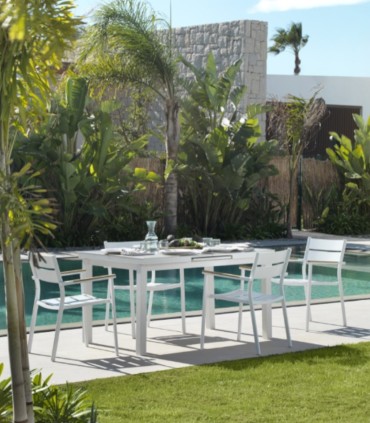 Silla de Exterior Apilable de Aluminio Blanco con Teka Natural y Cojín Acrílico Linda