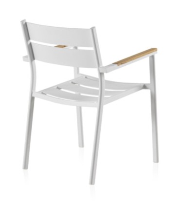 Silla de Exterior Apilable de Aluminio Blanco con Teka Natural y Cojín Acrílico Linda