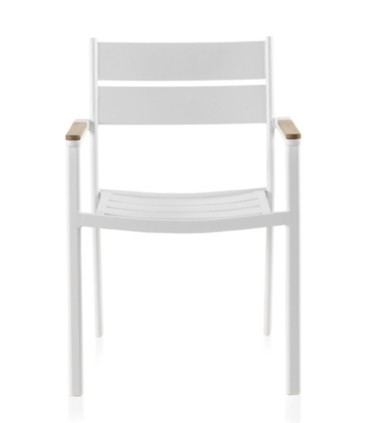 Silla de Exterior Apilable de Aluminio Blanco con Teka Natural y Cojín Acrílico Linda