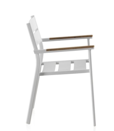 Silla de Exterior Apilable de Aluminio Blanco con Teka Natural y Cojín Acrílico Linda