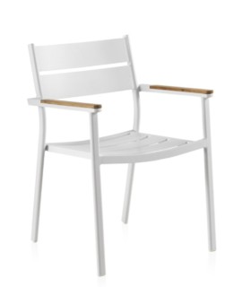 Silla de Exterior Apilable de Aluminio Blanco con Teka Natural y Cojín Acrílico Linda