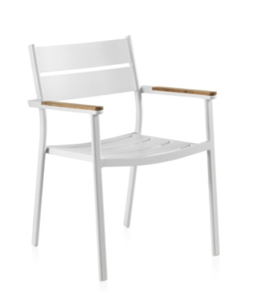 Silla de Exterior Apilable de Aluminio Blanco con Teka Natural y Cojín Acrílico Linda