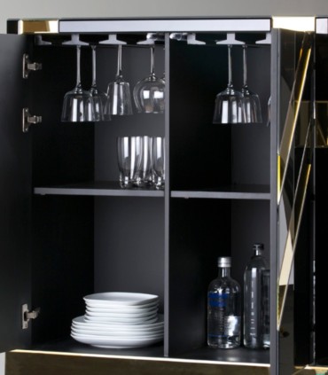 Mueble Bar de Cristal Negro con Espejo Dorado Kioto