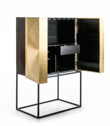 Mueble Bar de Madera Caoba Oscuro con Puertas Doradas Lucien