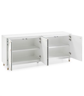 Aparador Moderno Blanco con Cristal Espejado y Detalles Dorados Fenix