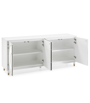 Aparador Moderno Blanco con Cristal Espejado y Detalles Dorados Fenix