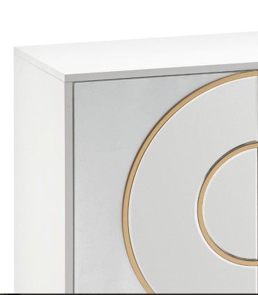 Aparador Moderno Blanco con Cristal Espejado y Detalles Dorados Fenix