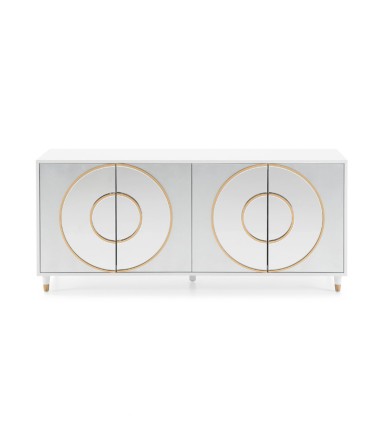 Aparador Moderno Blanco con Cristal Espejado y Detalles Dorados Fenix