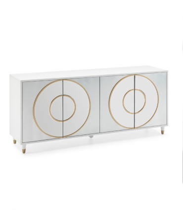 Aparador Moderno Blanco con Cristal Espejado y Detalles Dorados Fenix