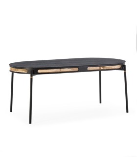 Mesa de Comedor Ovalada de Madera Negra con Ratán Natural Manuel