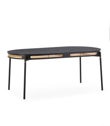 Mesa de Comedor Ovalada de Madera Negra con Ratán Natural Manuel