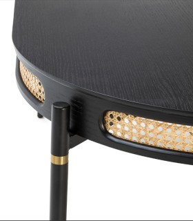 Mesa de Comedor Ovalada de Madera Negra con Ratán Natural Manuel