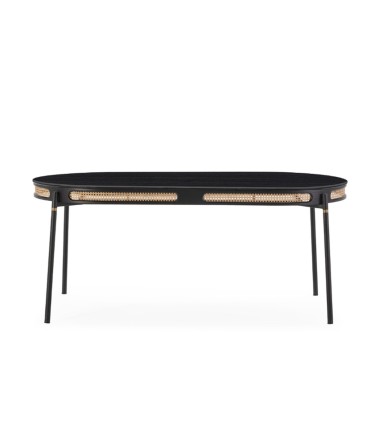 Mesa de Comedor Ovalada de Madera Negra con Ratán Natural Manuel