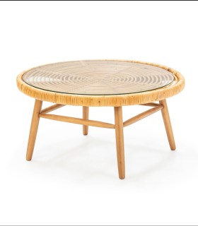 Mesa de Centro de Madera de Cedro, Mimbre y Cristal Templado Aravik